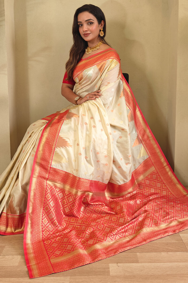 Precious Beige Soft Banarasi Silk Saree With Elegant Blouse Piece