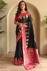 Precious Black Soft Banarasi Silk Saree With Elegant Blouse Piece