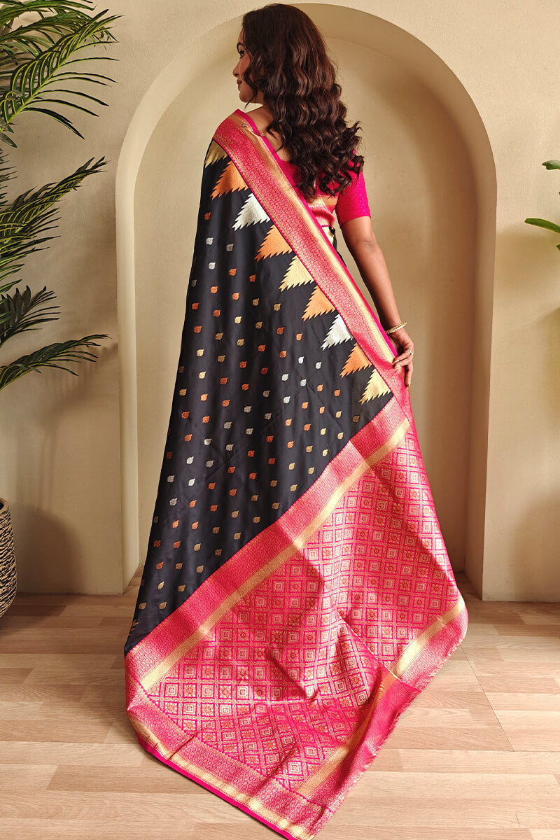 Precious Black Soft Banarasi Silk Saree With Elegant Blouse Piece