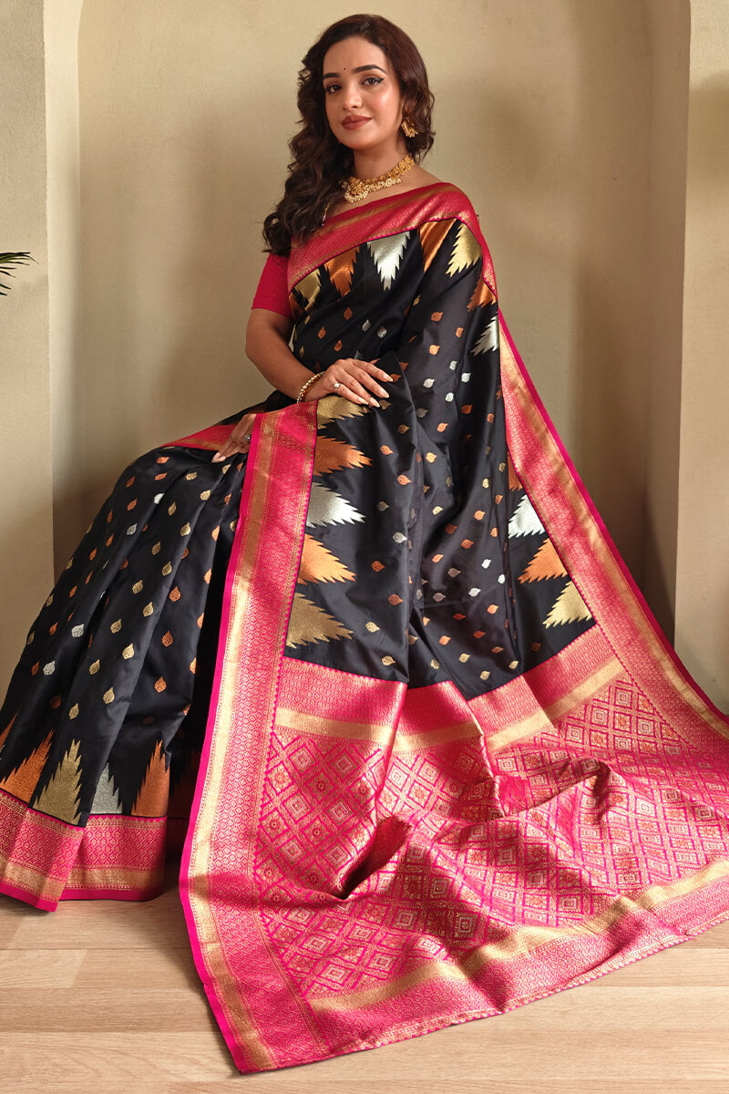 Precious Black Soft Banarasi Silk Saree With Elegant Blouse Piece