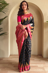 Precious Black Soft Banarasi Silk Saree With Elegant Blouse Piece