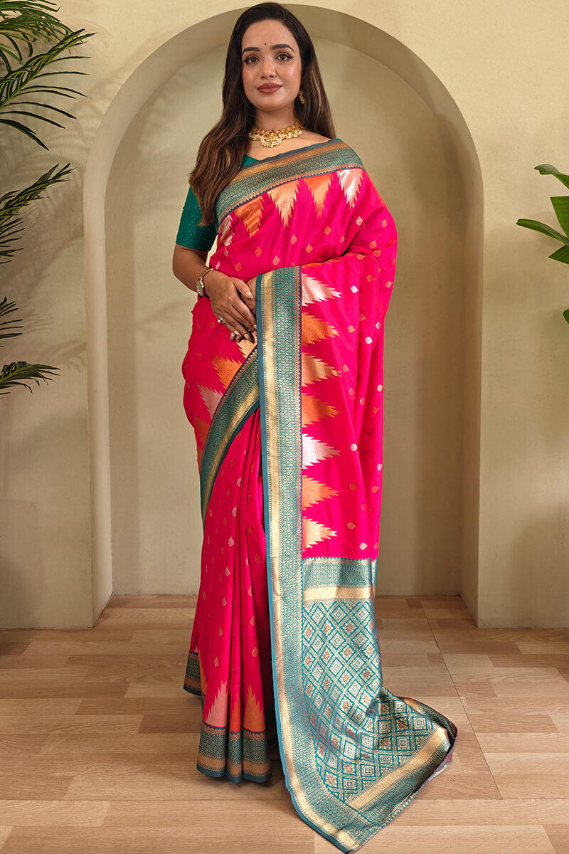 Precious Dark Pink Soft Banarasi Silk Saree With Elegant Blouse Piece