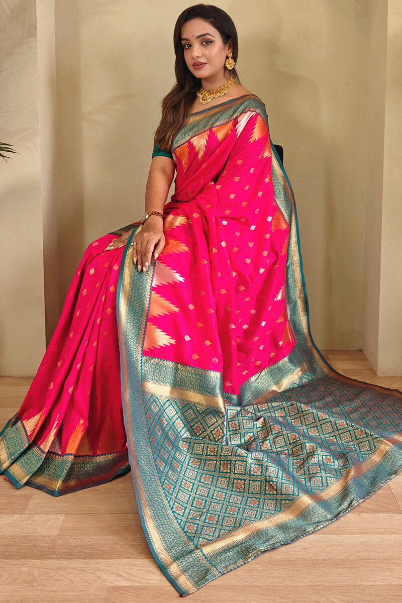 Precious Dark Pink Soft Banarasi Silk Saree With Elegant Blouse Piece
