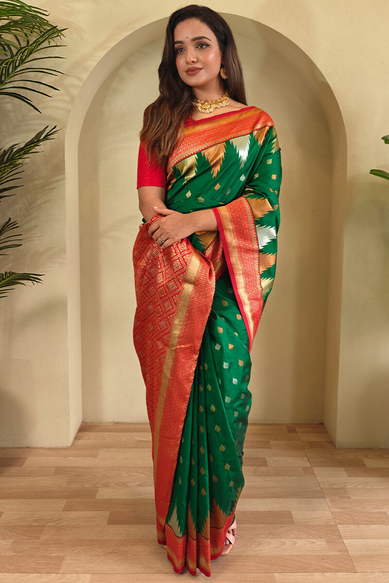 Precious Green Soft Banarasi Silk Saree With Elegant Blouse Piece