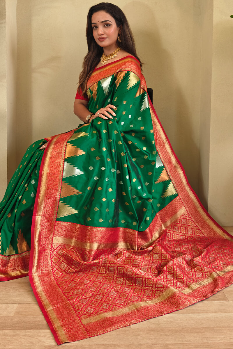 Precious Green Soft Banarasi Silk Saree With Elegant Blouse Piece