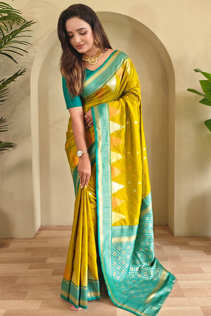 Precious Mehndi Soft Banarasi Silk Saree With Elegant Blouse Piece