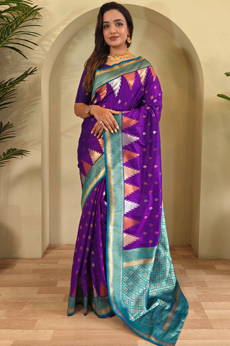 Appealing Purple Soft Banarasi Silk Saree With Elegant Blouse Piece
