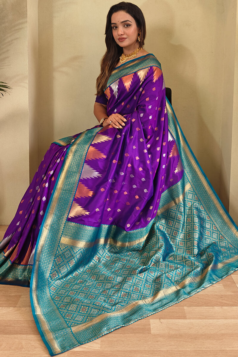 Appealing Purple Soft Banarasi Silk Saree With Elegant Blouse Piece