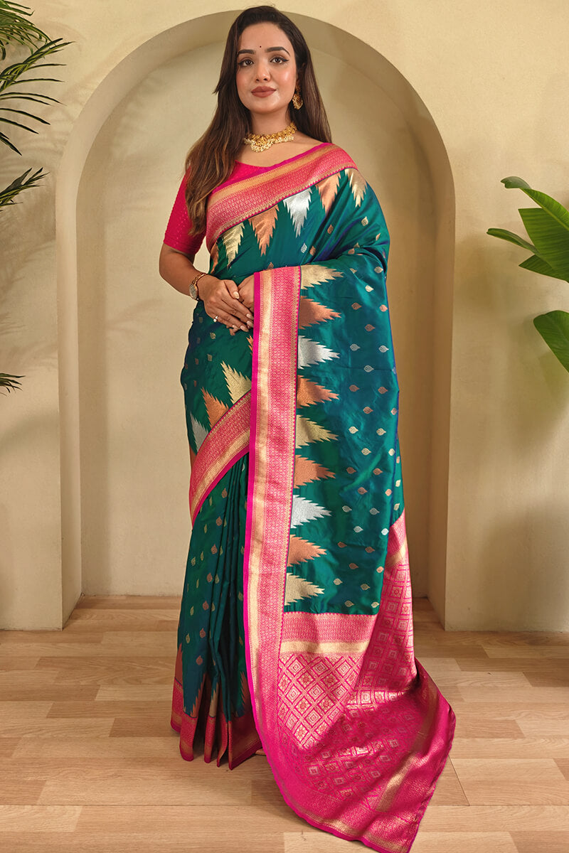 Precious Rama Soft Banarasi Silk Saree With Elegant Blouse Piece