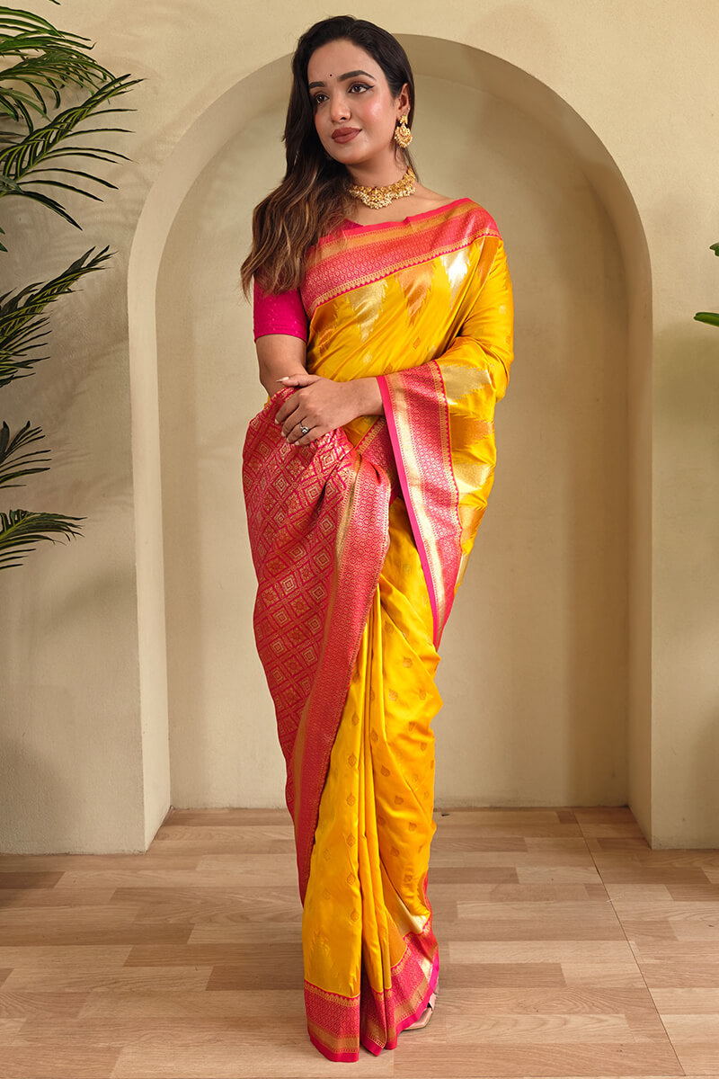 Precious Yellow Soft Banarasi Silk Saree With Elegant Blouse Piece