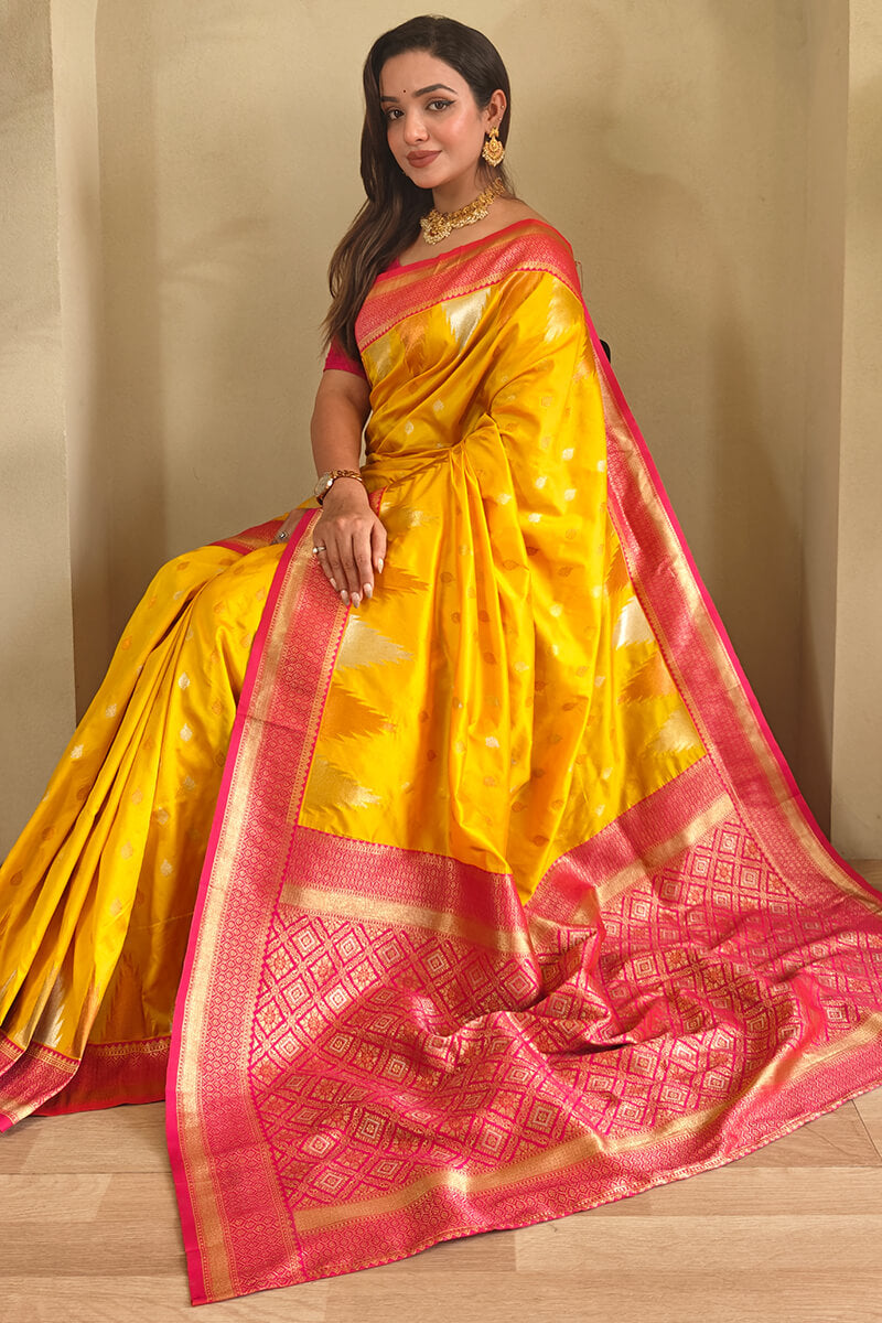 Precious Yellow Soft Banarasi Silk Saree With Elegant Blouse Piece