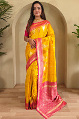 Precious Yellow Soft Banarasi Silk Saree With Elegant Blouse Piece