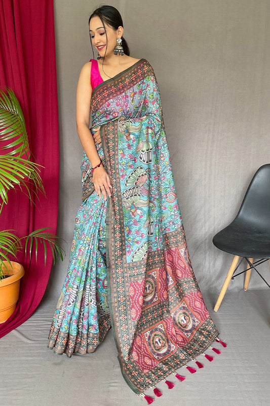 Innovative Sky Kalamkari Printed Saree With Preferable Blouse Piece - Mameraa