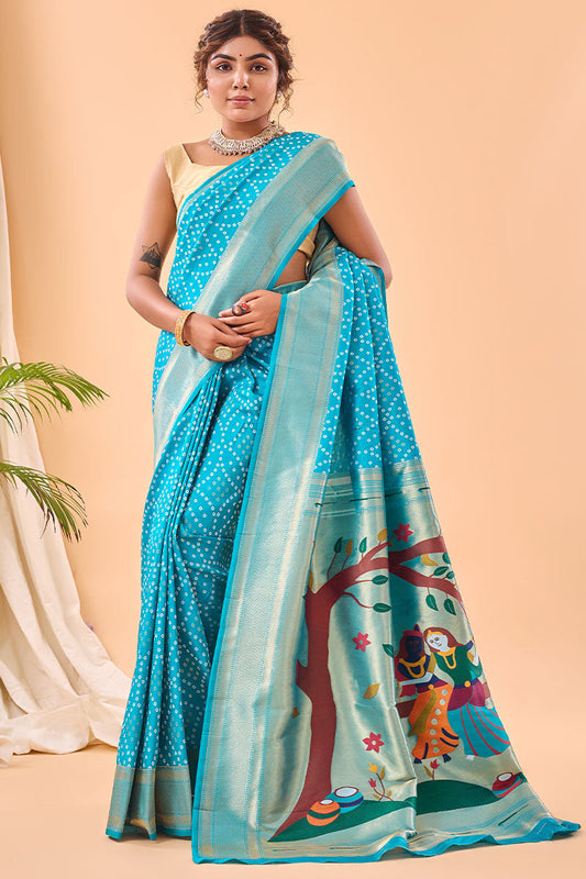Exquisite Firozi Paithani Silk Saree With Precious Blouse Piece