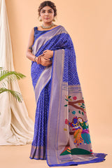 Lustrous Royal Blue Paithani Silk Saree With Traditional Blouse Piece