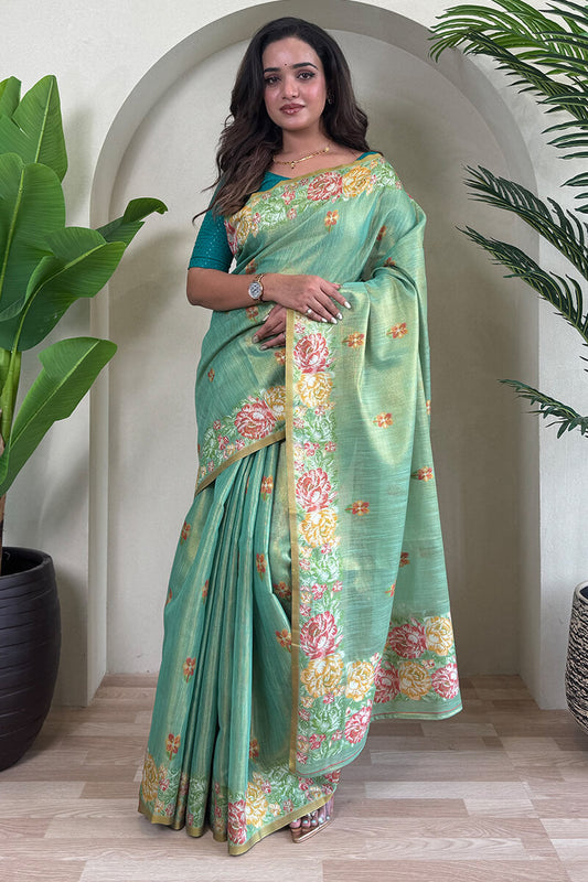 Adoring Pista Embroidery Work Tussar Silk Saree With Assemblage Blouse Piece - Mameraa