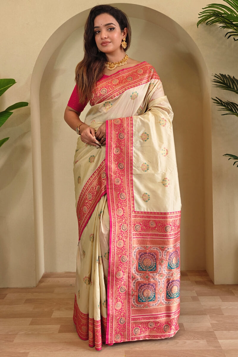 Trendy Beige Soft Banarasi Silk Saree With Extraordinary Blouse Piece