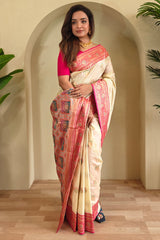 Trendy Beige Soft Banarasi Silk Saree With Extraordinary Blouse Piece