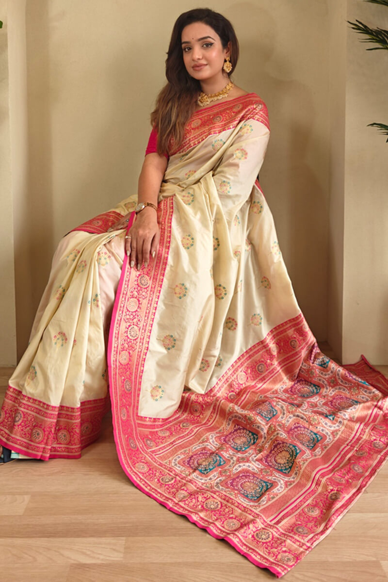 Trendy Beige Soft Banarasi Silk Saree With Extraordinary Blouse Piece