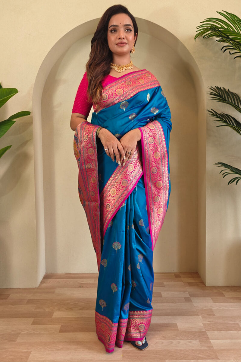 Skinny Blue Soft Banarasi Silk Saree With Deserving Blouse Piece