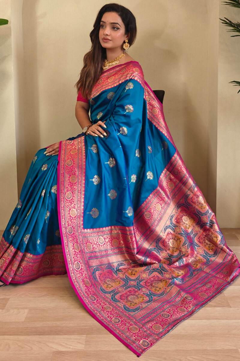 Skinny Blue Soft Banarasi Silk Saree With Deserving Blouse Piece