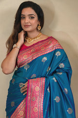 Skinny Blue Soft Banarasi Silk Saree With Deserving Blouse Piece