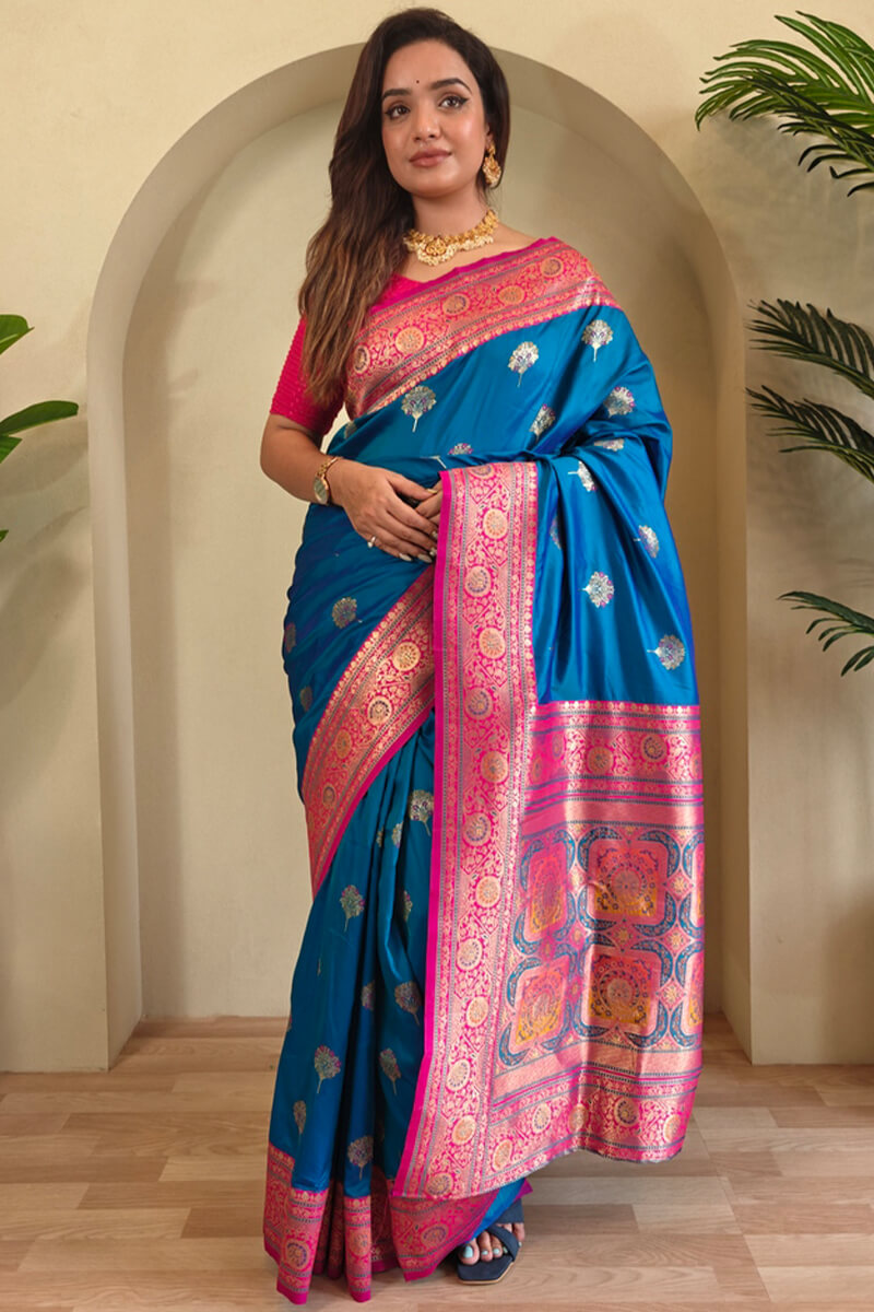 Skinny Blue Soft Banarasi Silk Saree With Deserving Blouse Piece