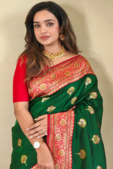 Surpassing Dark Green Soft Banarasi Silk Saree With Ravishing Blouse Piece