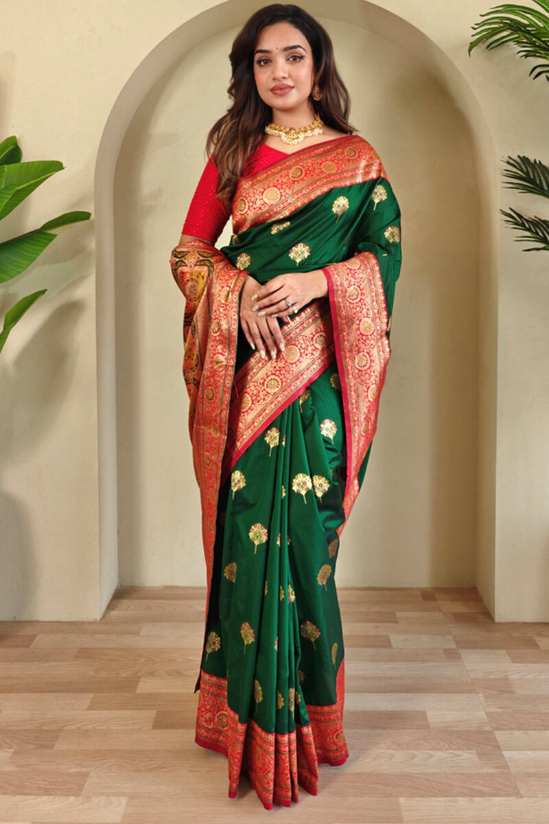 Surpassing Dark Green Soft Banarasi Silk Saree With Ravishing Blouse Piece