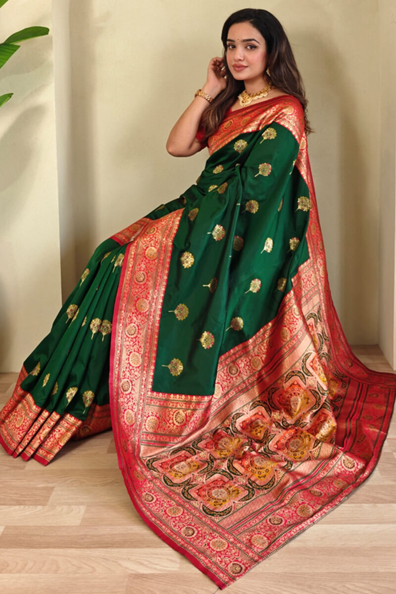 Surpassing Dark Green Soft Banarasi Silk Saree With Ravishing Blouse Piece