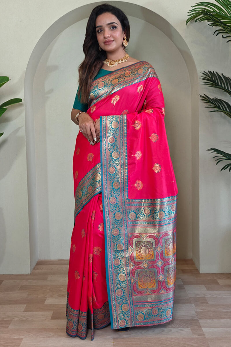 Mesmeric Dark Pink Soft Banarasi Silk Saree With Twirling Blouse Piece