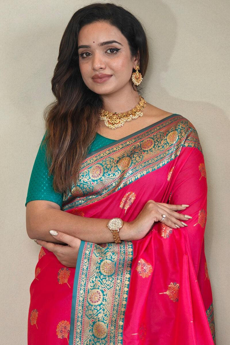 Mesmeric Dark Pink Soft Banarasi Silk Saree With Twirling Blouse Piece