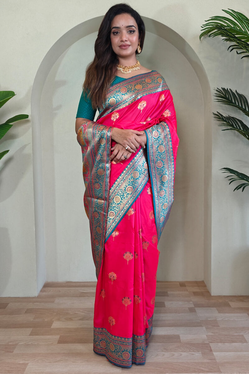 Mesmeric Dark Pink Soft Banarasi Silk Saree With Twirling Blouse Piece