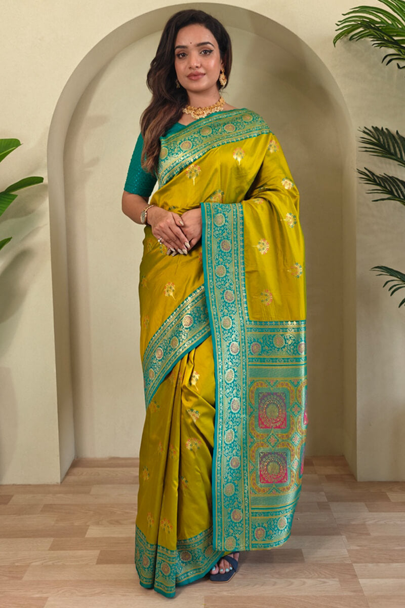 Traditional Mustard Soft Banarasi Silk Saree With Conflate Blouse Piece