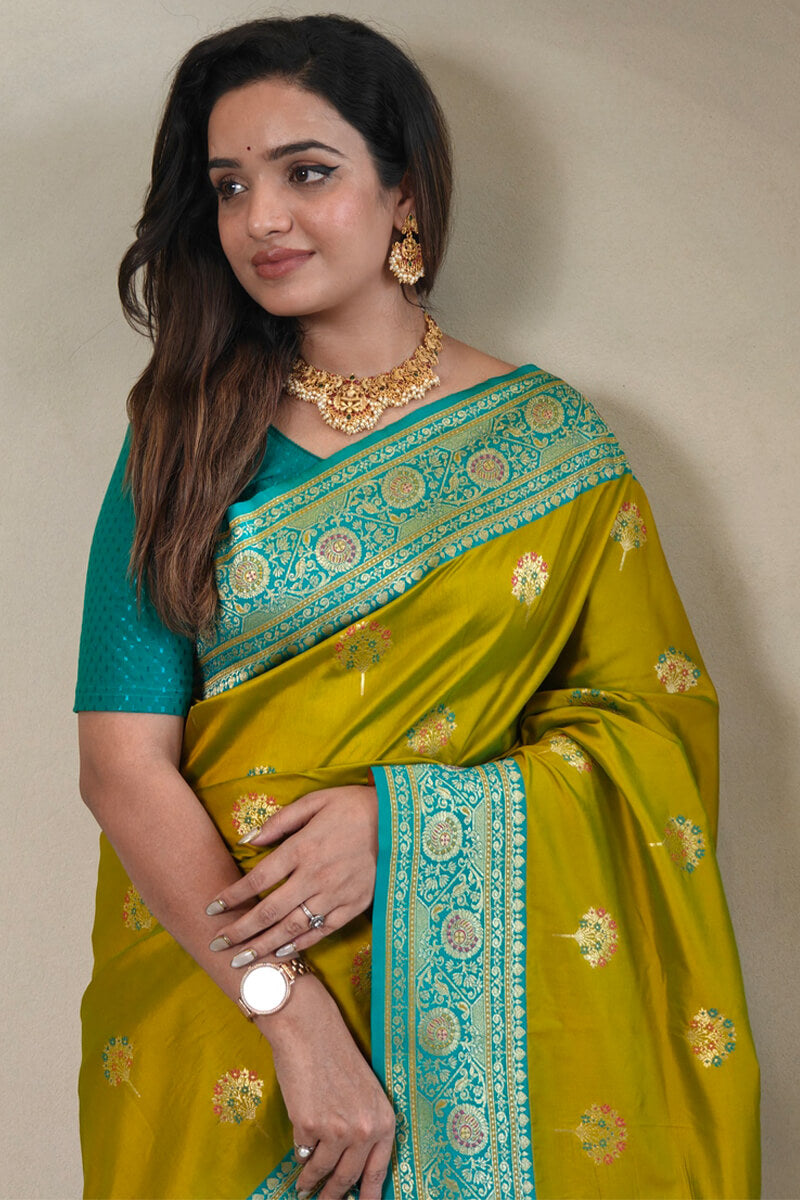 Traditional Mustard Soft Banarasi Silk Saree With Conflate Blouse Piece