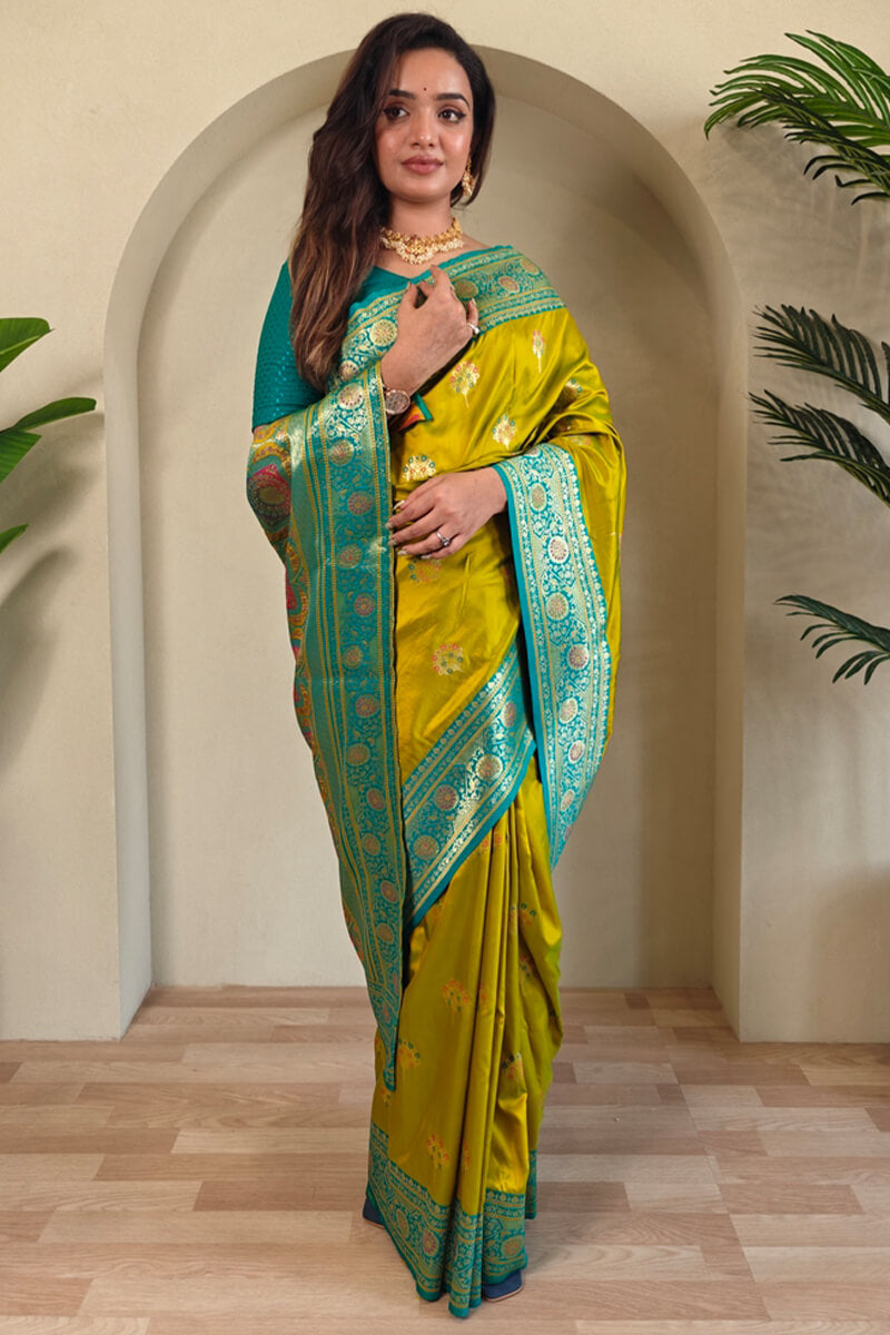 Traditional Mustard Soft Banarasi Silk Saree With Conflate Blouse Piece