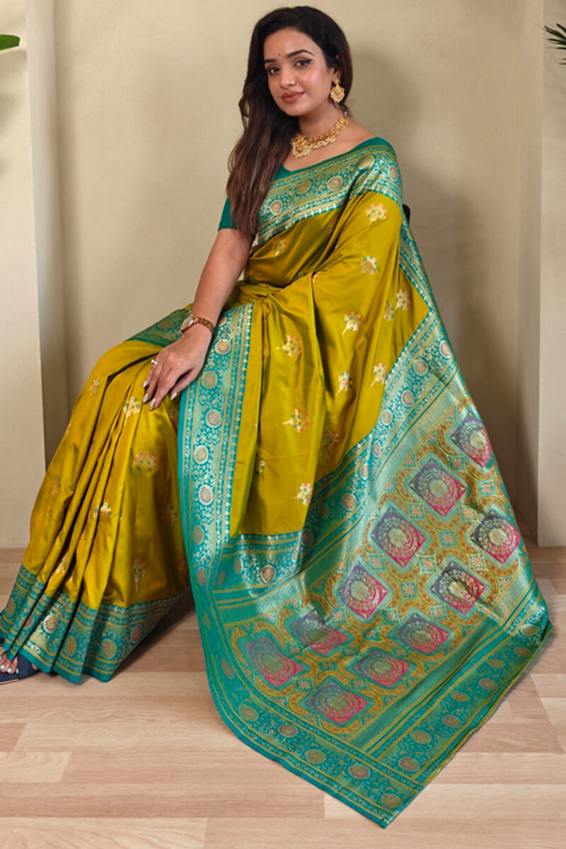 Traditional Mustard Soft Banarasi Silk Saree With Conflate Blouse Piece