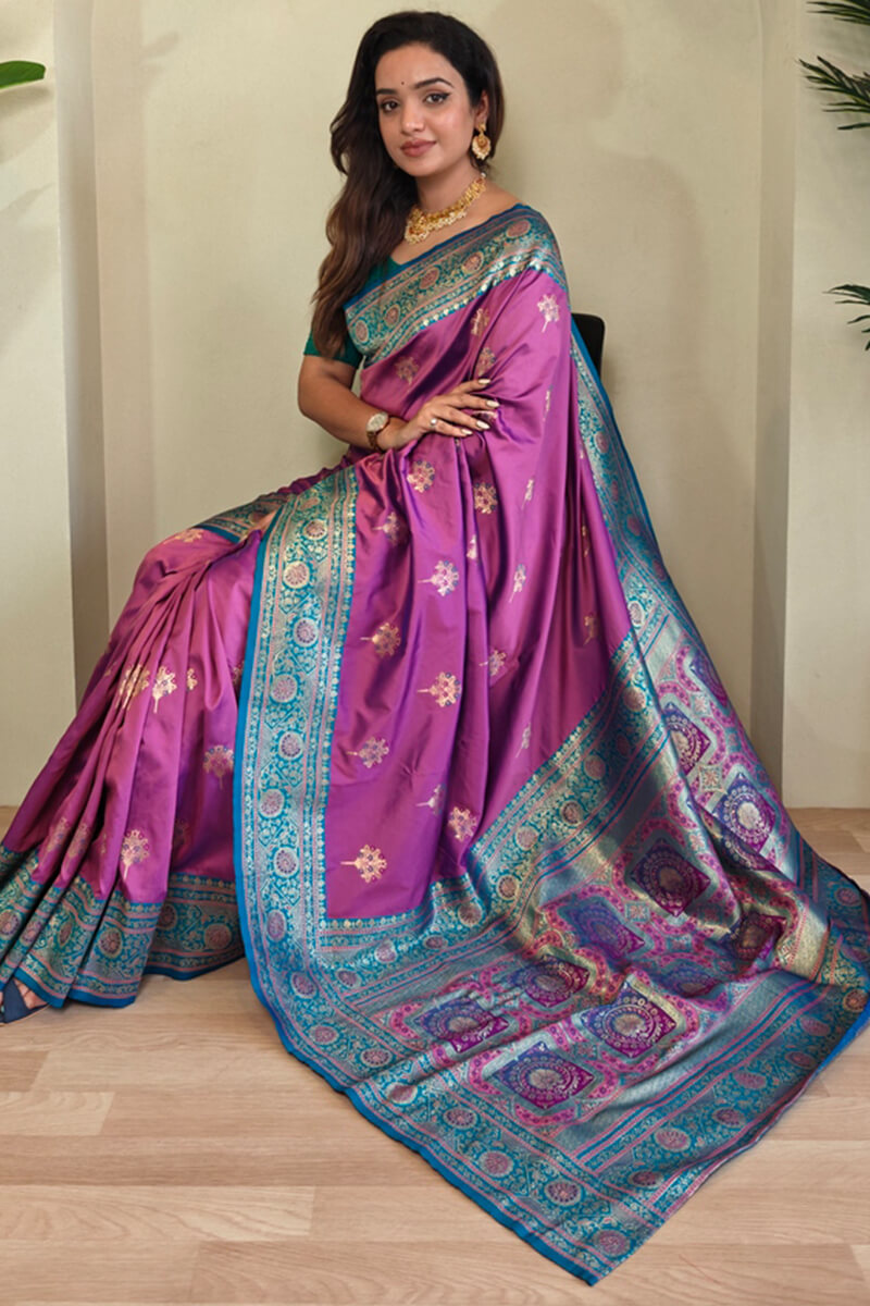 Sempiternal Pink Soft Banarasi Silk Saree With Denouement Blouse Piece