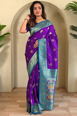 Splendiferous Purple Soft Banarasi Silk Saree With Enchanting Blouse Piece