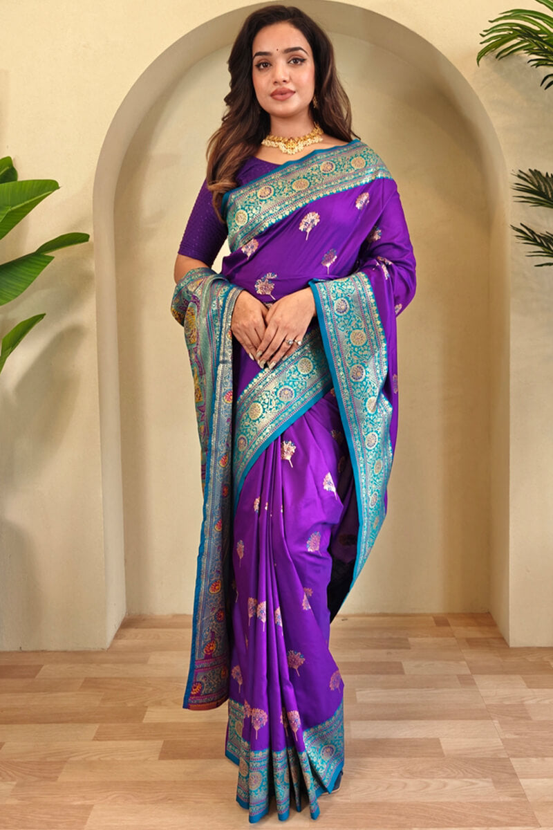 Splendiferous Purple Soft Banarasi Silk Saree With Enchanting Blouse Piece