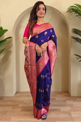 Profuse Royal Blue Soft Banarasi Silk Saree With Resplendent Blouse Piece