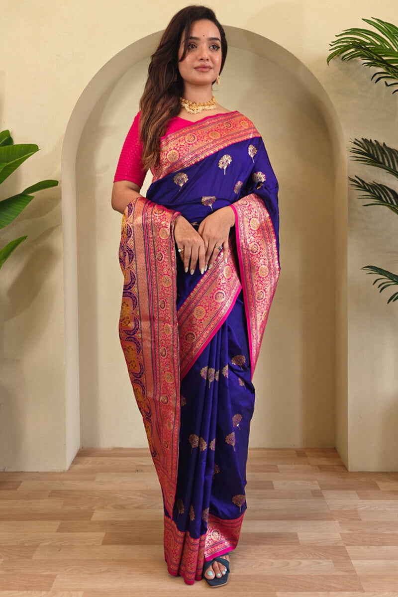 Profuse Royal Blue Soft Banarasi Silk Saree With Resplendent Blouse Piece