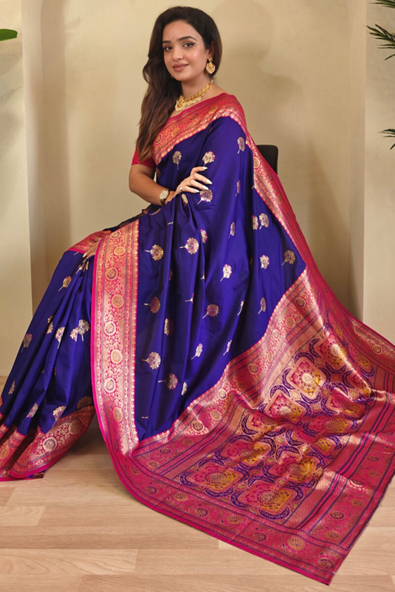 Profuse Royal Blue Soft Banarasi Silk Saree With Resplendent Blouse Piece