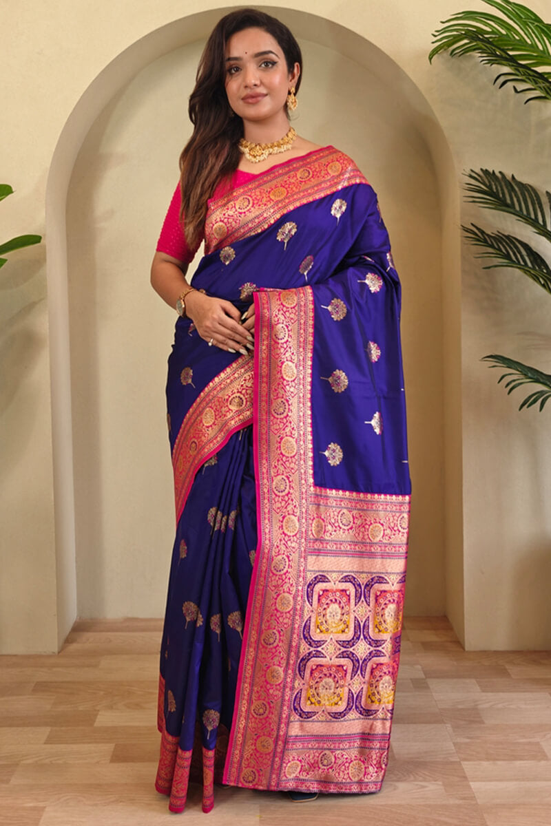 Profuse Royal Blue Soft Banarasi Silk Saree With Resplendent Blouse Piece