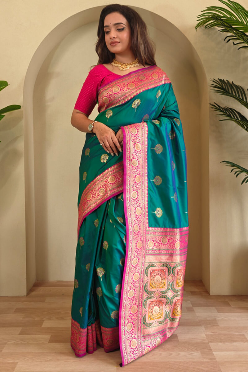 Scintillating Sea Green Soft Banarasi Silk Saree With Allure Blouse Piece