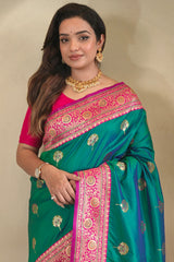 Scintillating Sea Green Soft Banarasi Silk Saree With Allure Blouse Piece