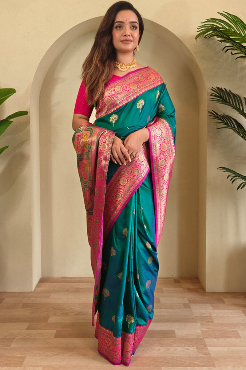 Scintillating Sea Green Soft Banarasi Silk Saree With Allure Blouse Piece