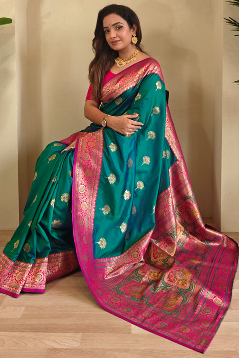 Scintillating Sea Green Soft Banarasi Silk Saree With Allure Blouse Piece