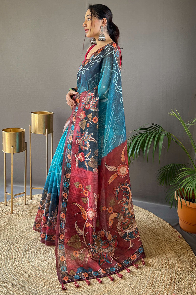 Admirable Blue Kalamkari Printed Saree With Lassitude Blouse Piece