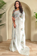 Desultory Off White Embroidery Work Organza Silk Saree With Wonderful Blouse Piece
